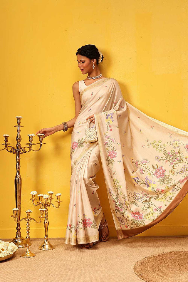Beige Floral Printed Art Silk Saree