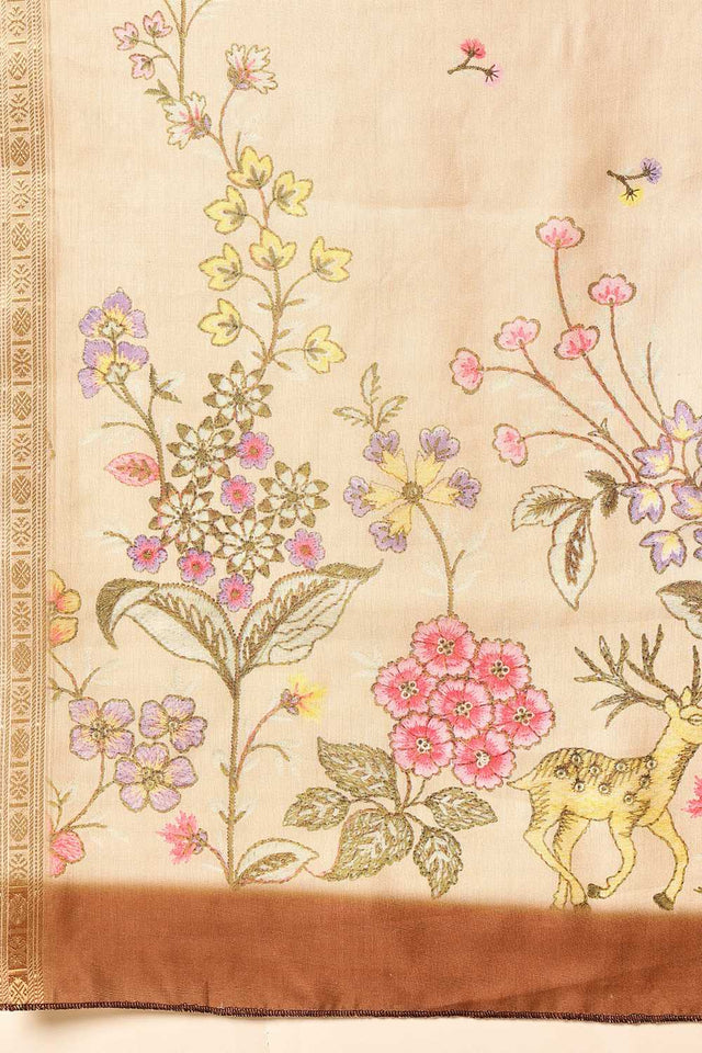 Beige Floral Printed Art Silk Saree