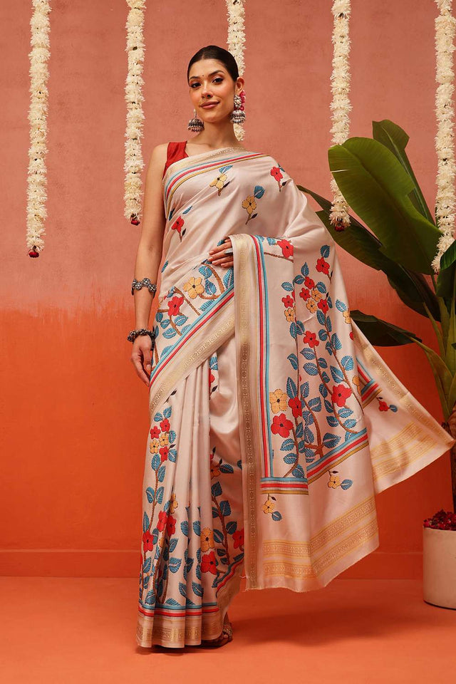 Beige Digital Printed Art Silk Saree