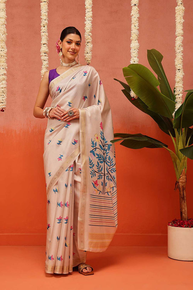 Beige Digital Printed Art Silk Saree