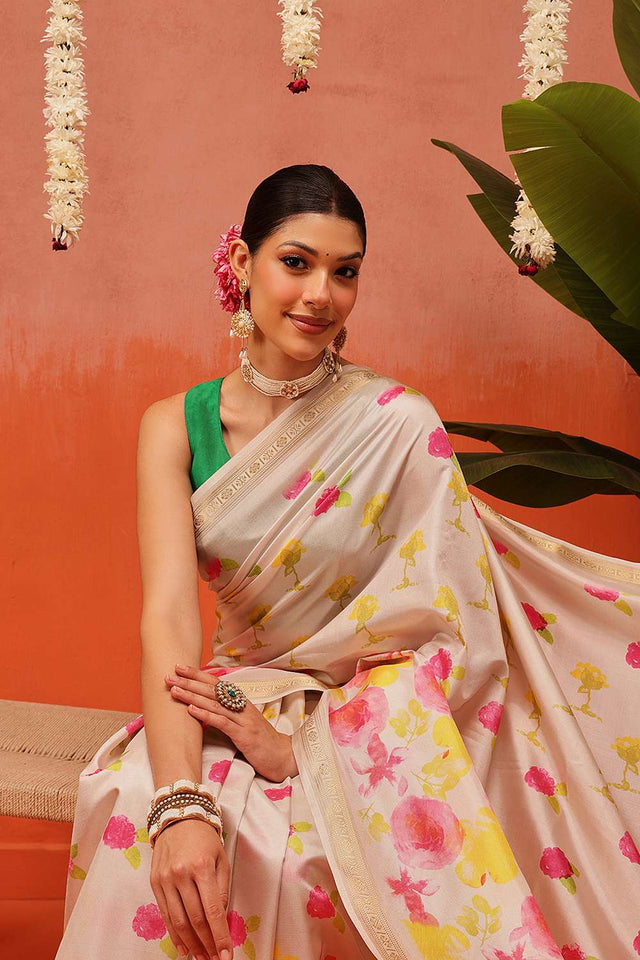 Beige Digital Printed Art Silk Saree