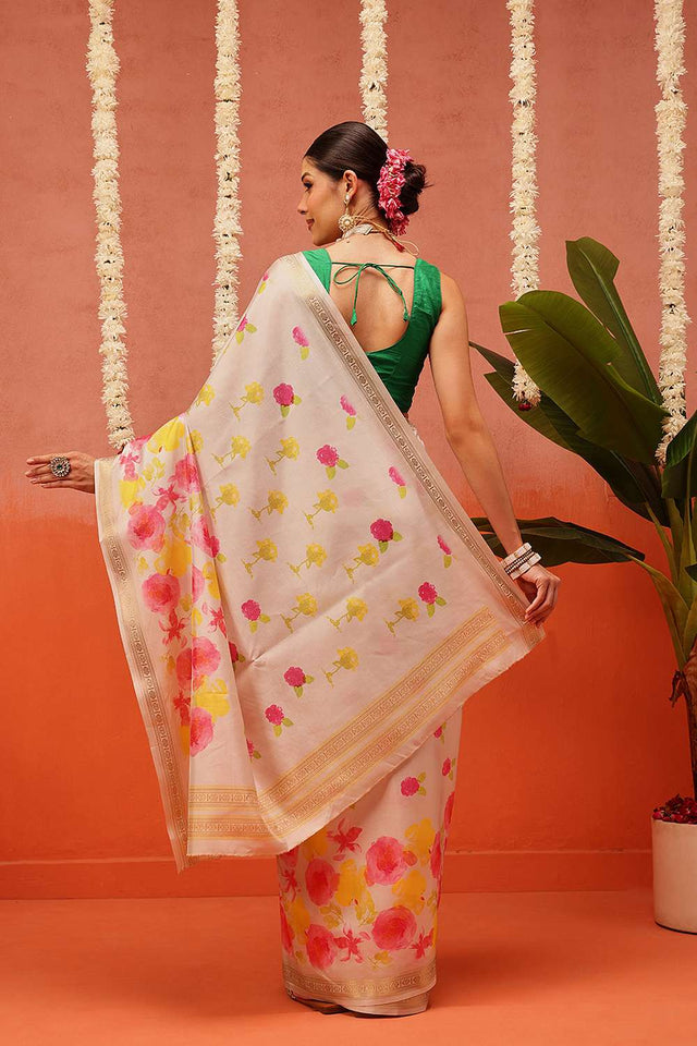 Beige Digital Printed Art Silk Saree