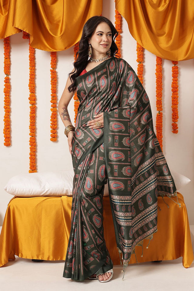 Black Paisley Printed Art Silk Saree (SZ-DGAJRAKH-3284)