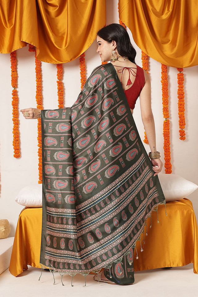 Black Paisley Printed Art Silk Saree (SZ-DGAJRAKH-3284)