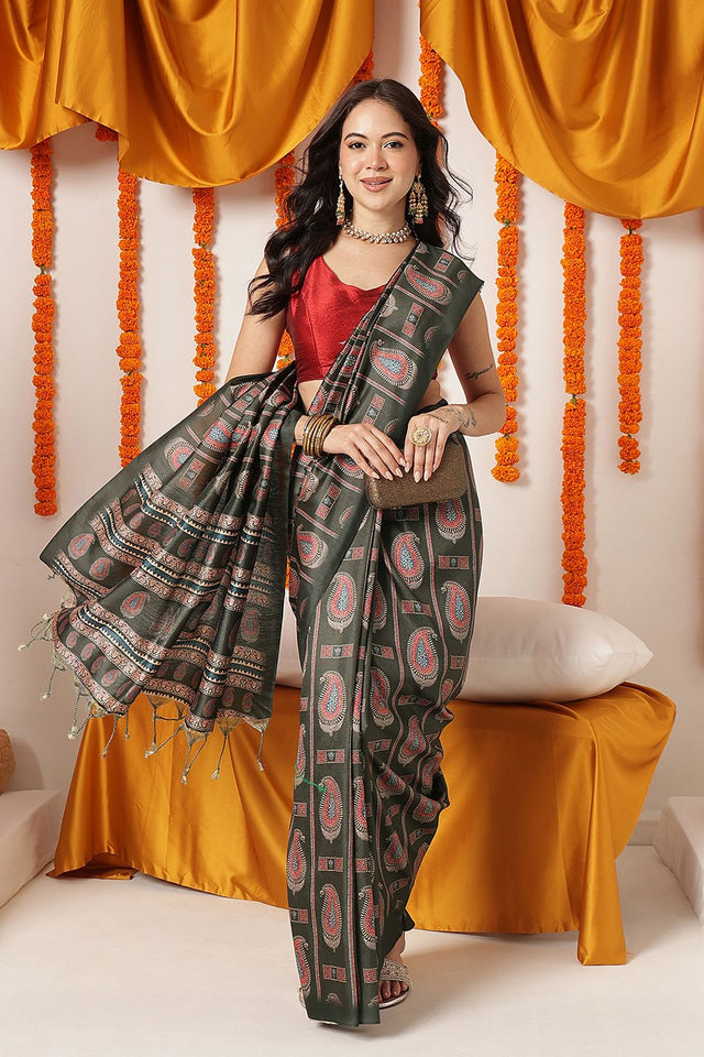Black Paisley Printed Art Silk Saree (SZ-DGAJRAKH-3284)