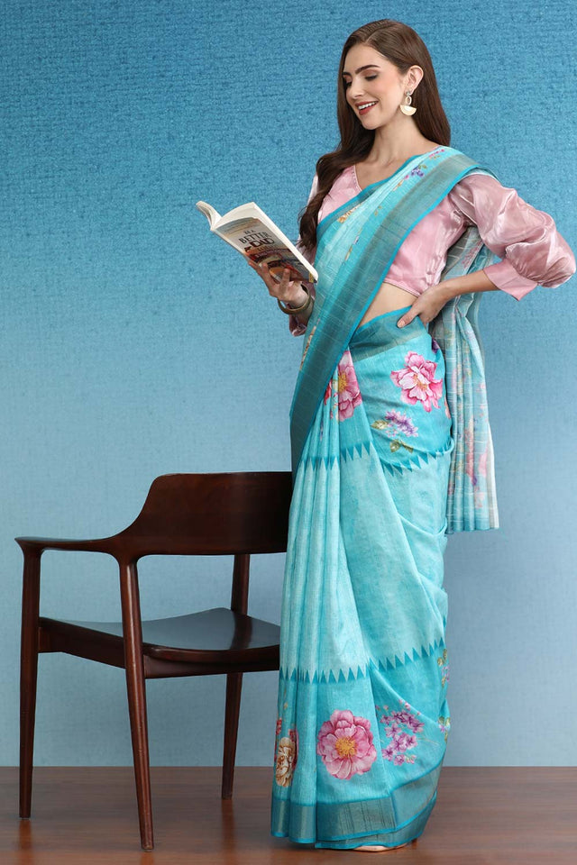 Teal Digital Printed Zari Border Silk Saree