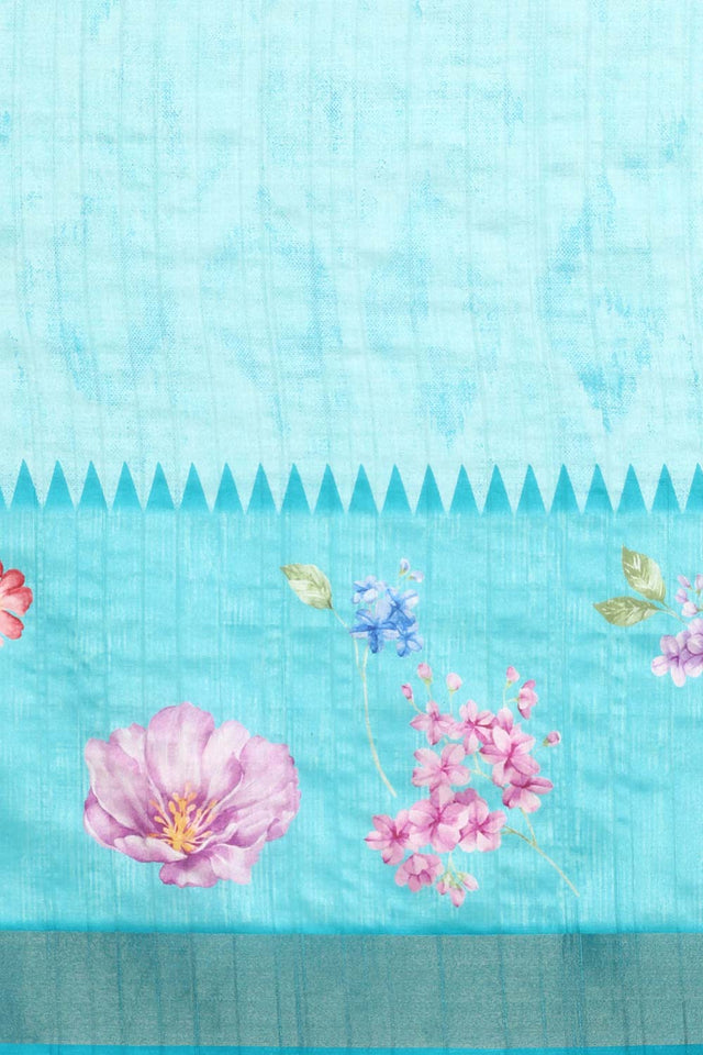 Teal Digital Printed Zari Border Silk Saree