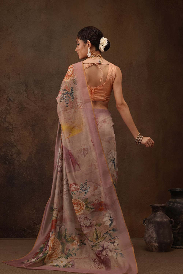 Beige Floral Printed Cotton Blend Saree