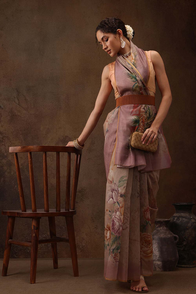 Beige Floral Printed Cotton Blend Saree