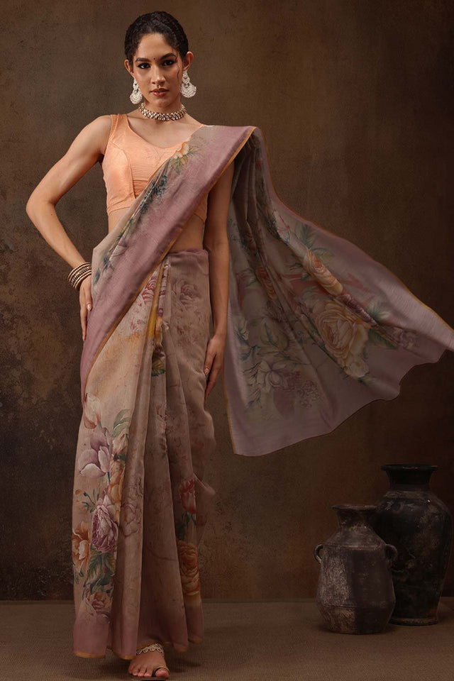 Beige Floral Printed Cotton Blend Saree