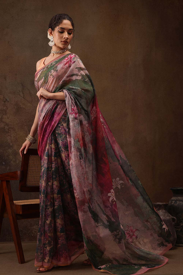 Multicolor Floral Printed Cotton Blend Saree