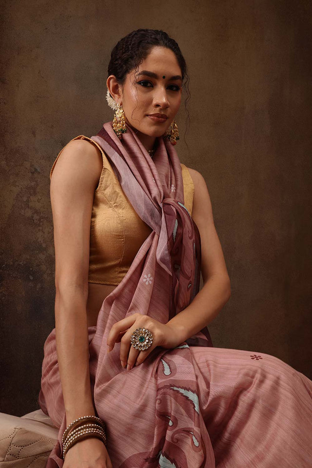 Peach Floral Printed Cotton Blend Saree