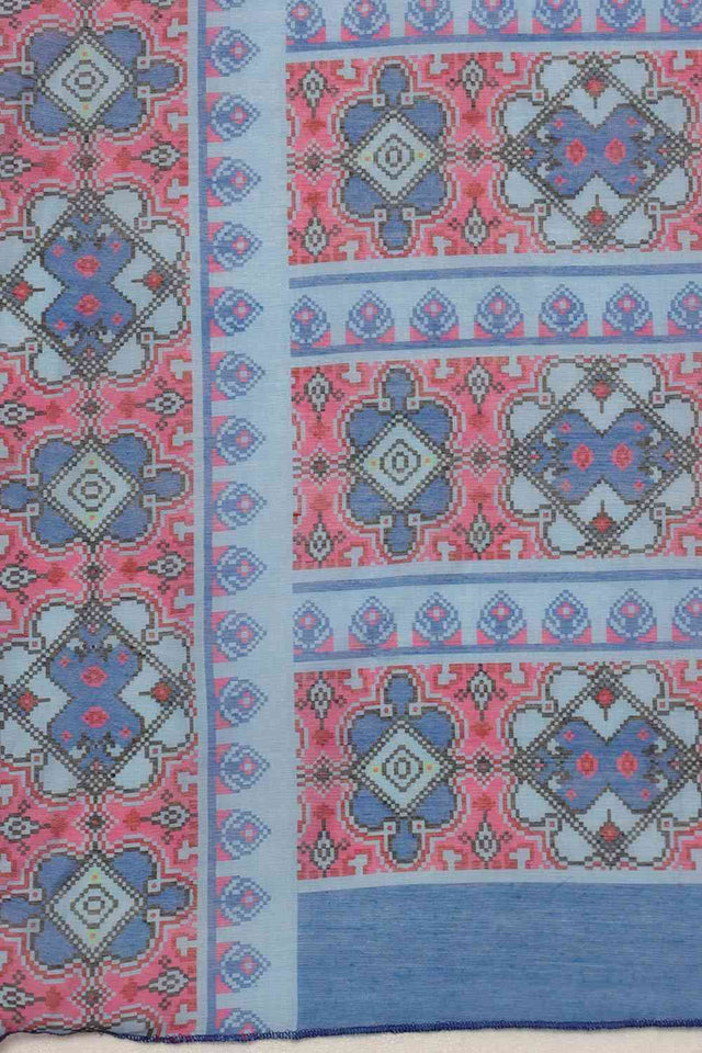 Sky Blue Floral Printed Cotton Blend Saree