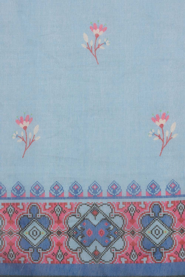 Sky Blue Floral Printed Cotton Blend Saree