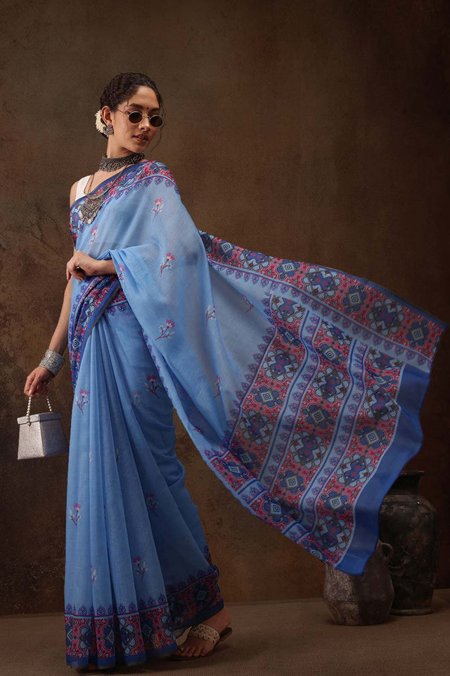 Sky Blue Floral Printed Cotton Blend Saree