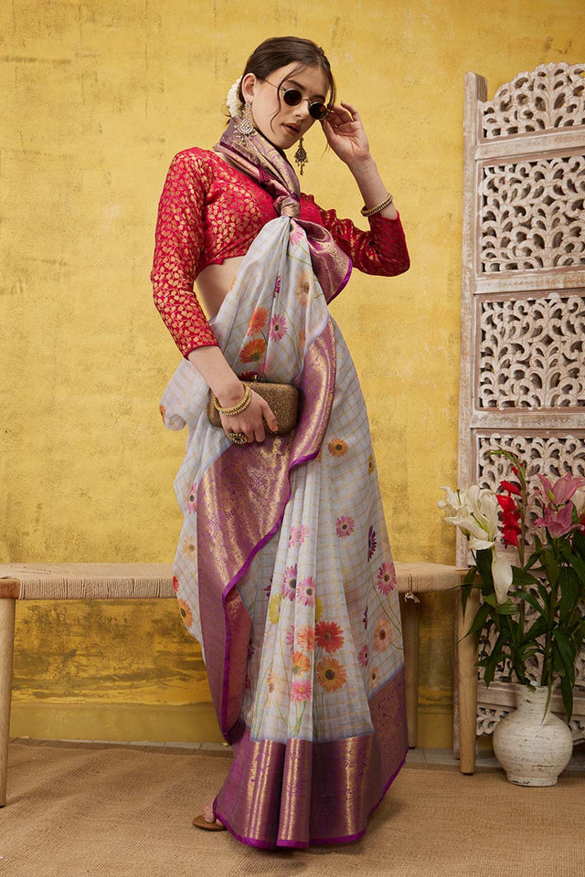 Lavender Muga Silk Floral Saree