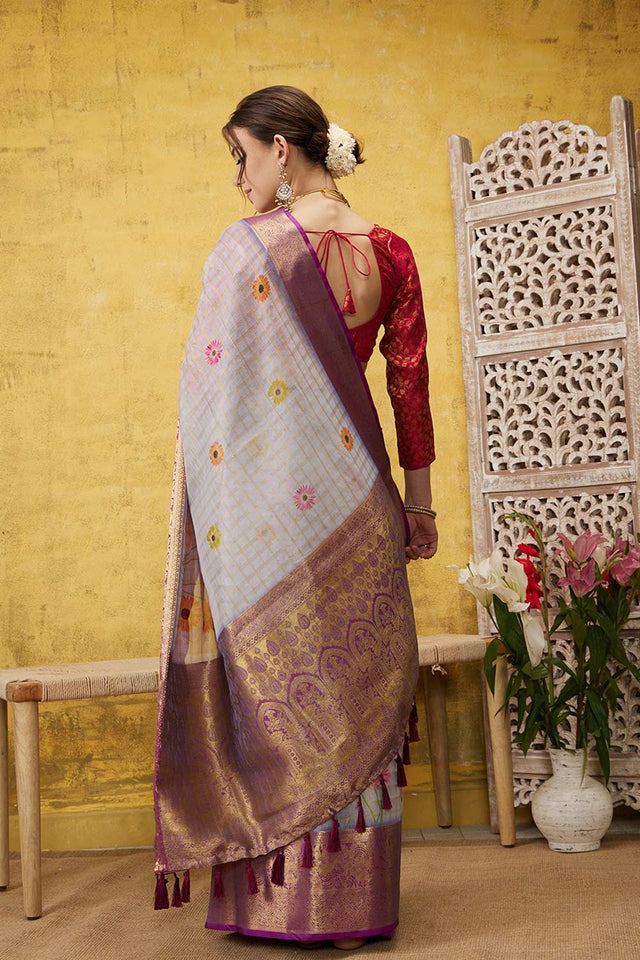 Lavender Muga Silk Floral Saree
