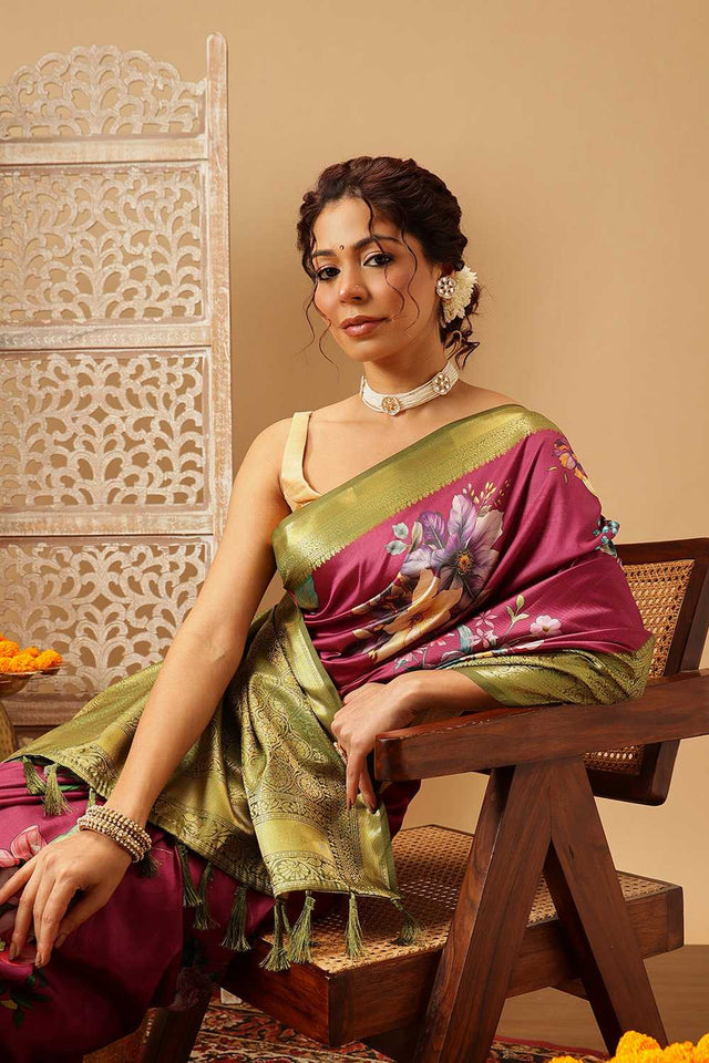 Pink Floral Printed Silk Saree