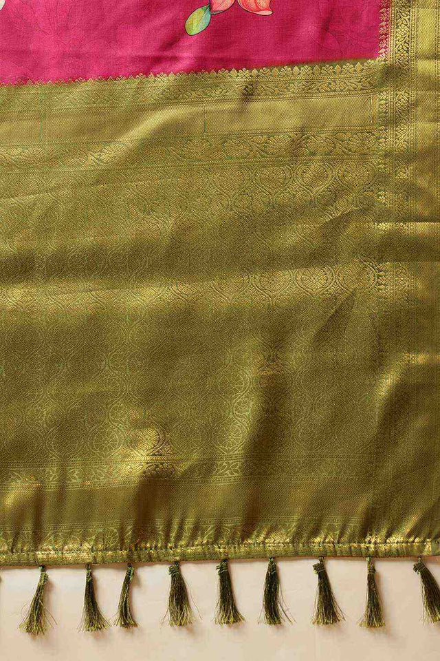 Pink Floral Printed Silk Saree