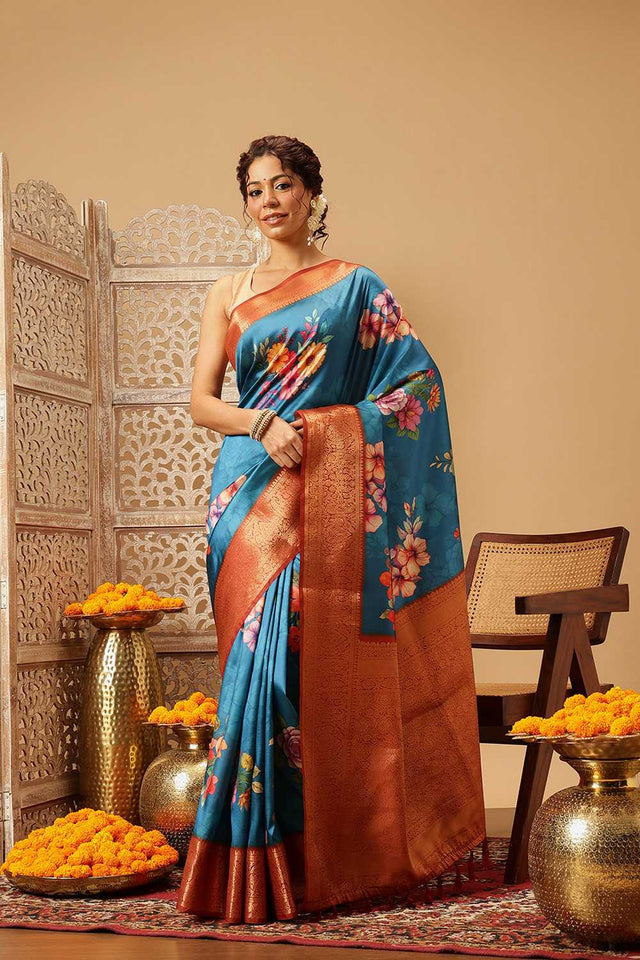 Turquoise Floral Printed Silk Saree