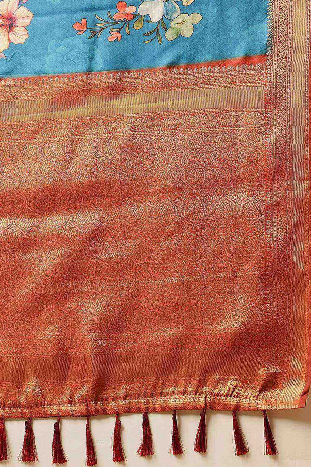 Turquoise Floral Printed Silk Saree