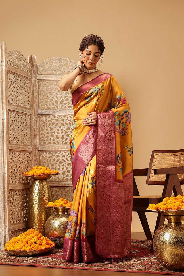 Mustard Floral Printed Silk Saree