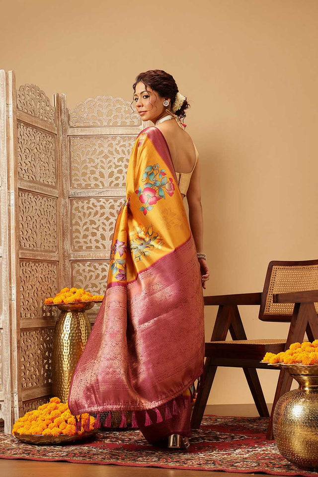 Mustard Floral Printed Silk Saree