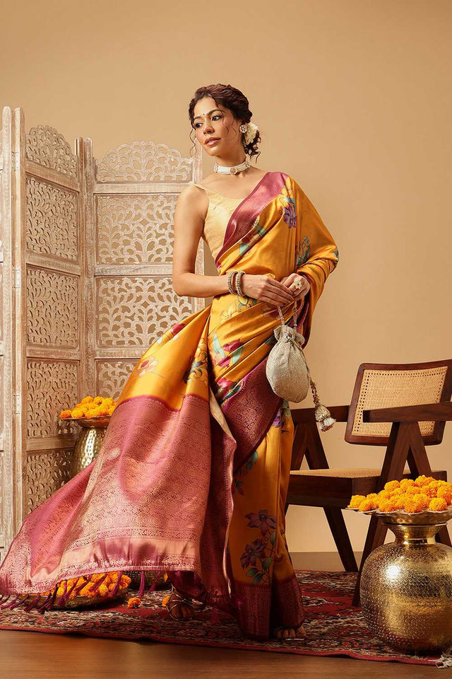 Mustard Floral Printed Silk Saree