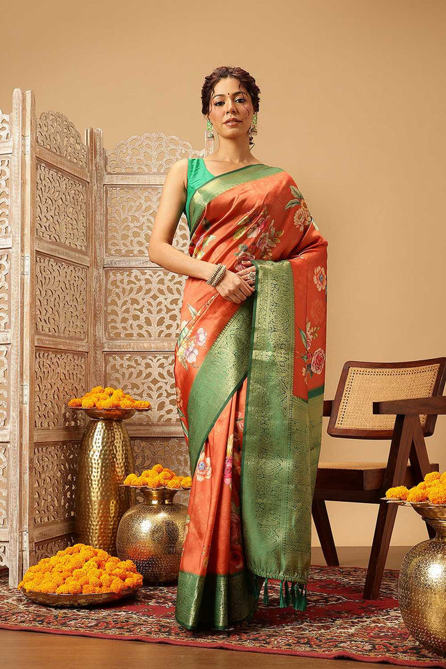 Orange Floral Printed Silk Saree