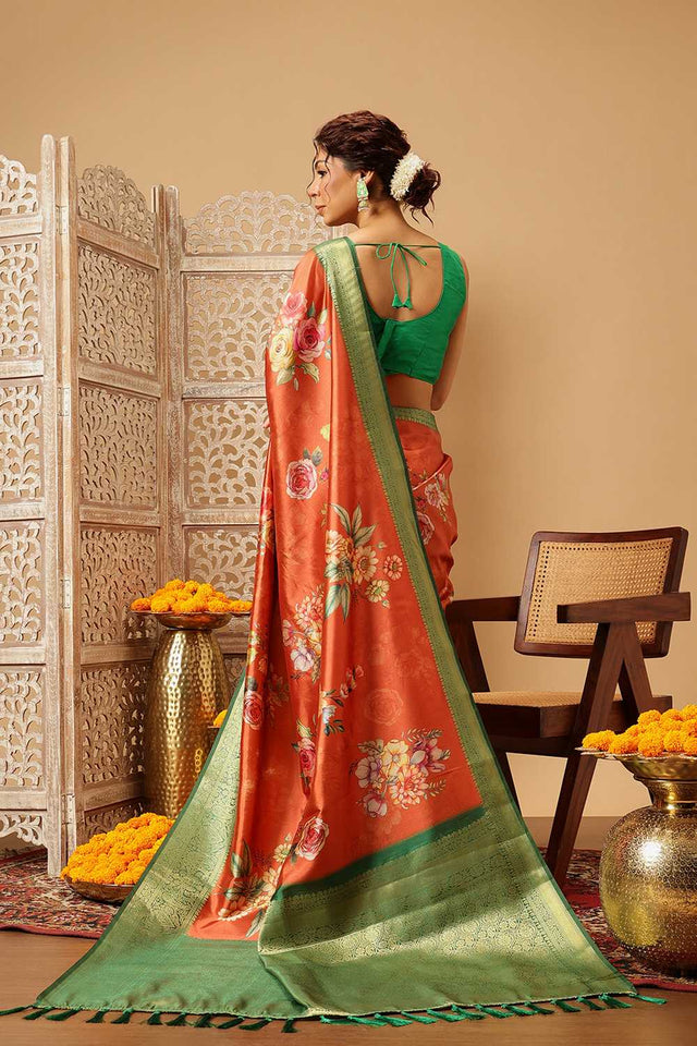 Orange Floral Printed Silk Saree