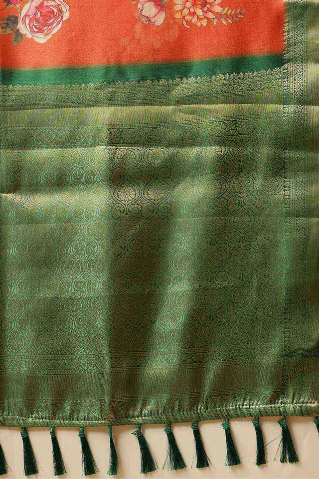 Orange Floral Printed Silk Saree