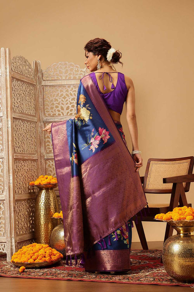 Navy Blue Floral Printed Silk Saree