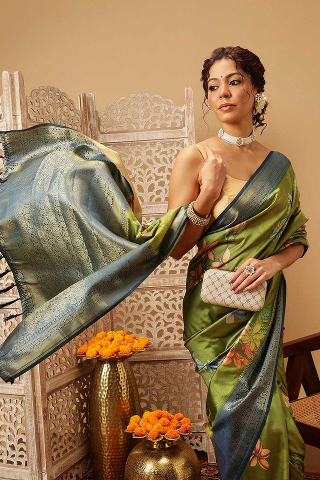 Green Floral Printed Silk Saree