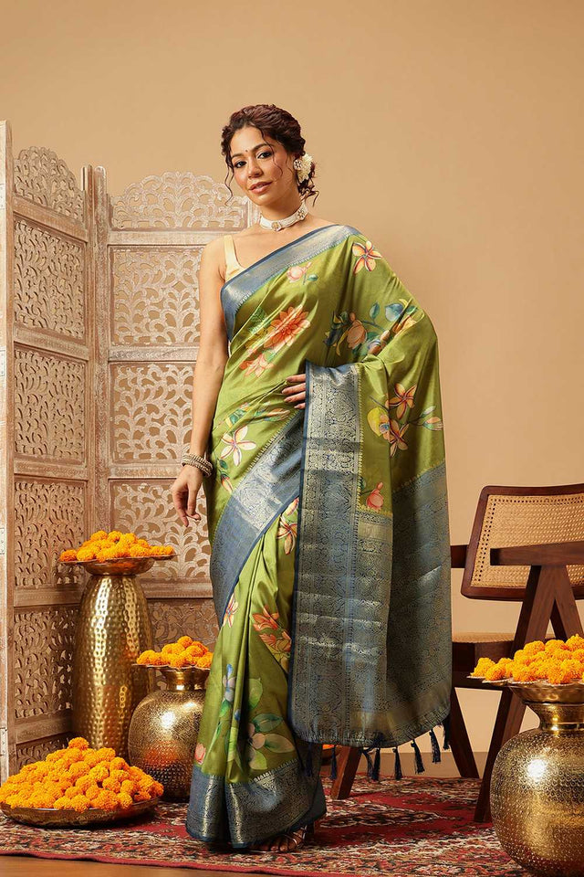 Green Floral Printed Silk Saree
