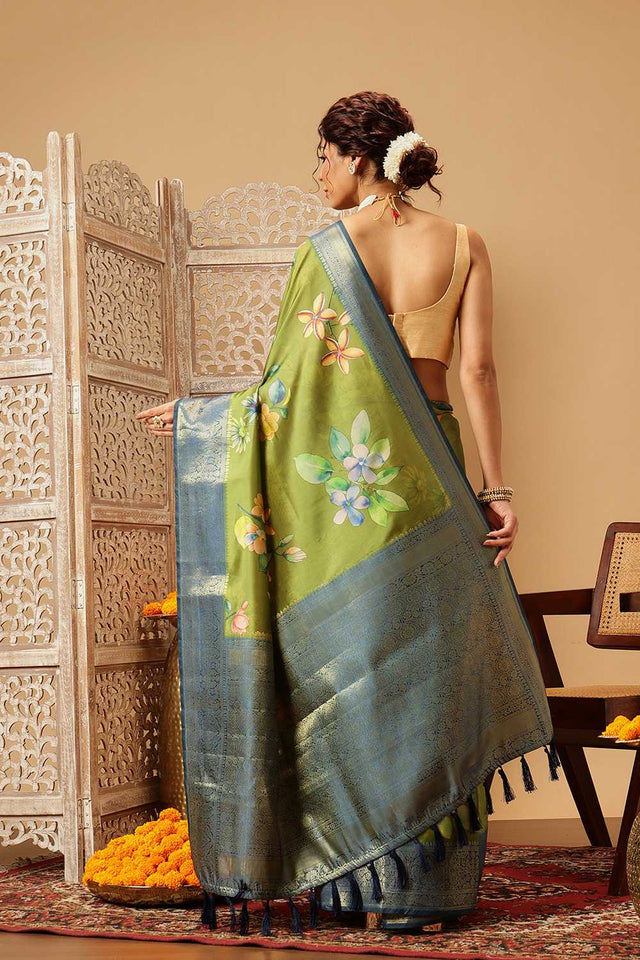 Green Floral Printed Silk Saree