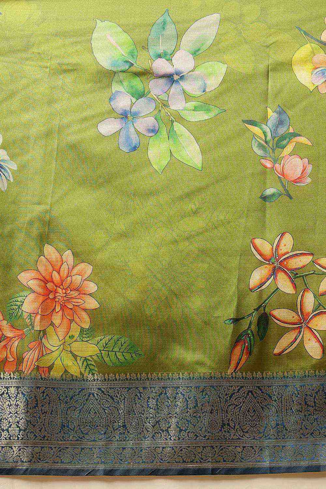 Green Floral Printed Silk Saree