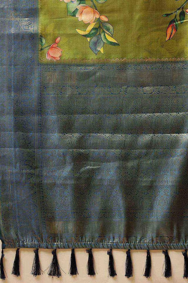 Green Floral Printed Silk Saree