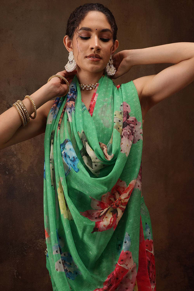 Green Chiffon Digital Print Floral Saree