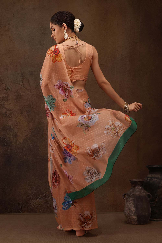 Peach Chiffon Digital Print Floral Saree