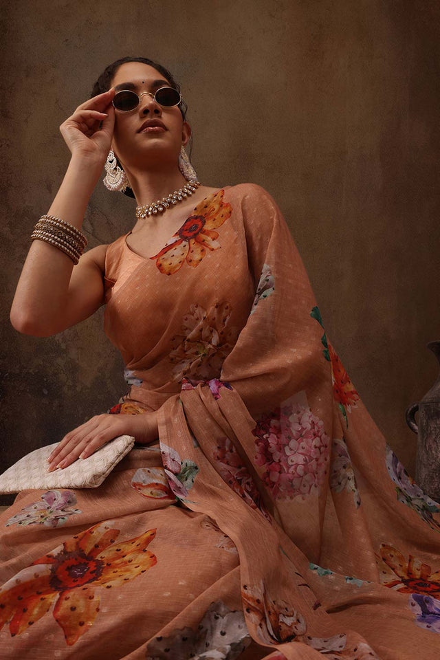 Peach Chiffon Digital Print Floral Saree