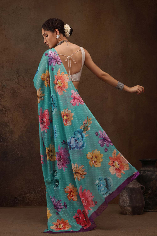 Teal Chiffon Digital Print Floral Saree