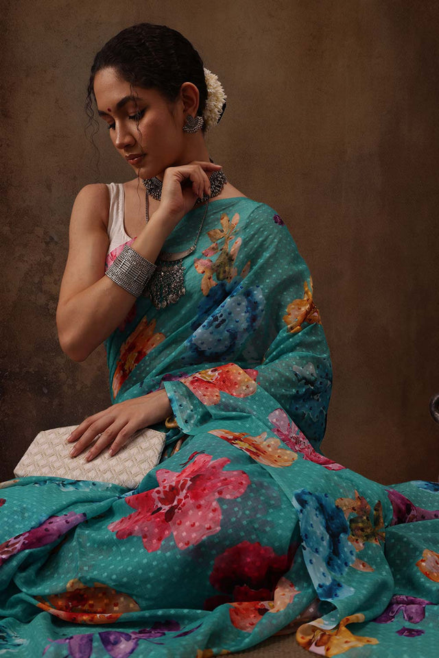Teal Chiffon Digital Print Floral Saree