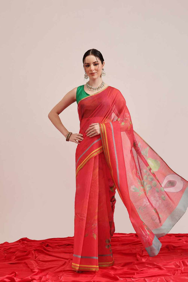 Pink Banarasi Printed Silk Saree