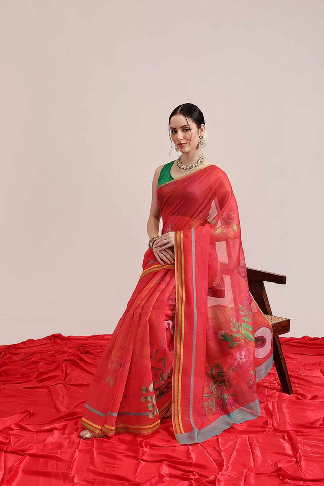 Pink Banarasi Printed Silk Saree