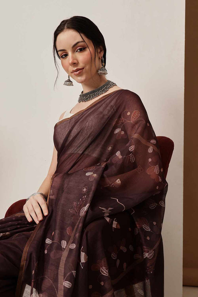 Wine Banarasi Printed Silk Saree