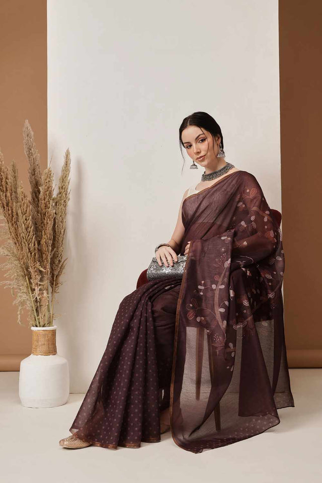 Wine Banarasi Printed Silk Saree