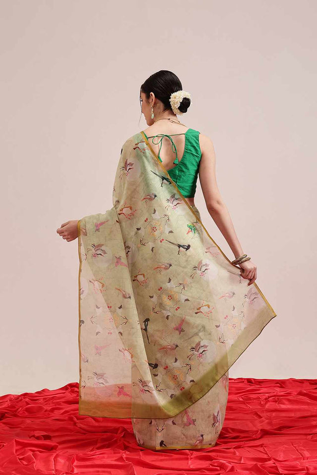 Blue Banarasi Floral Printed Silk Saree