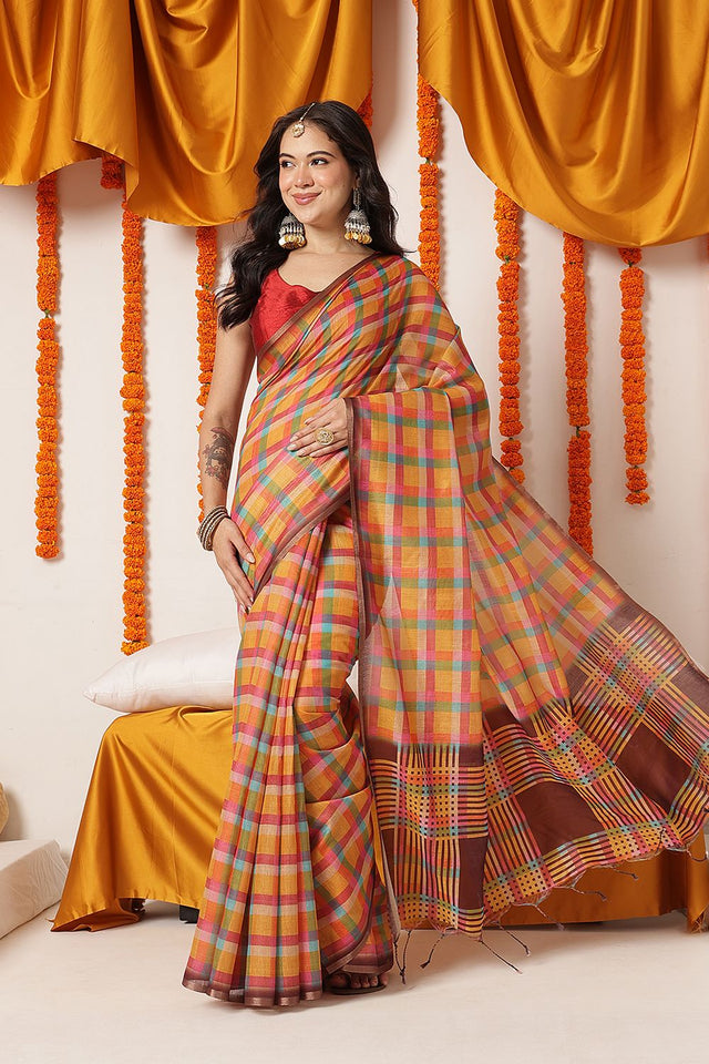 Multi Color Checkered Printed Cotton Blend Saree (SZ-DGDEVI1-3276)