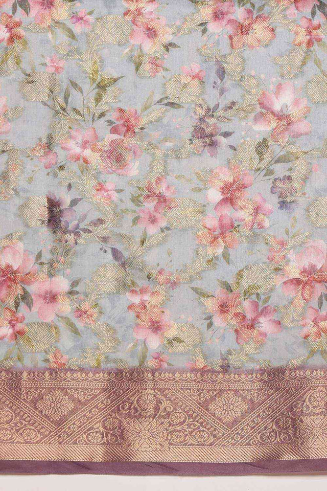 Grey Cotton Digital Print Banarasi Saree