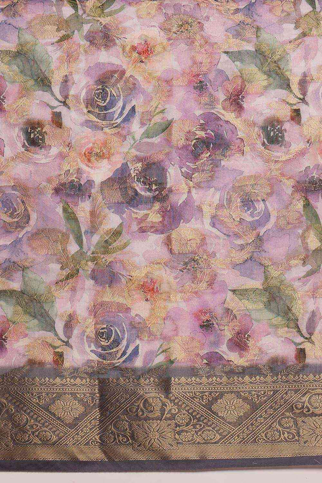 Lavender Cotton Digital Print Banarasi Saree